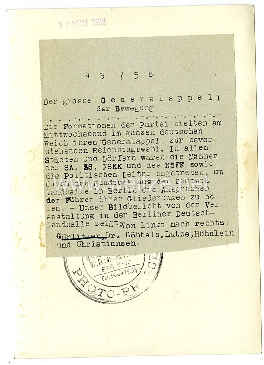 III. Reich Pressefoto: Der grosse Generalappell der Bewegung 26.3.1938 Bild 2